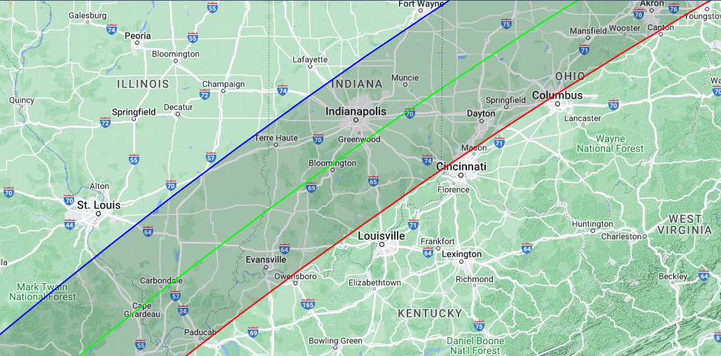 The predicted path of the eclipse